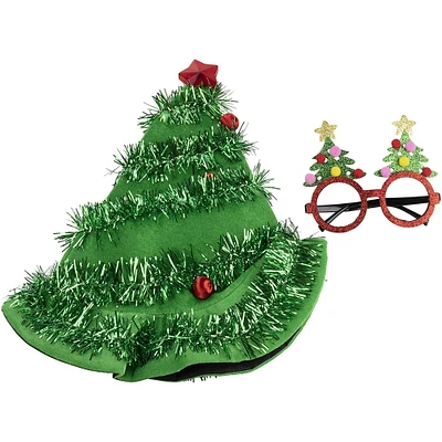 2 Pcs Set Christmas Tree Hat, Festive Eyeglasses for Party Costume Accessories Holiday Headwear