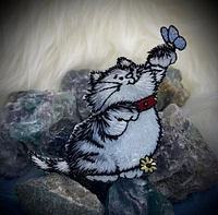 Gray Cat with Blue Butterfly on Paw, Pets, Kitten, Embroidered, Iron-on Patch