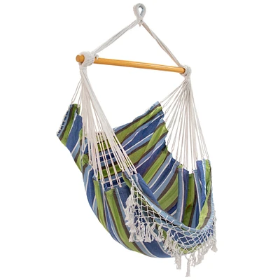 The Hamptons Collection 72” Blue and Green Brazilian Style Hammock Chair with a Hanging Bar