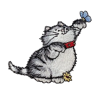 Gray Cat with Blue Butterfly on Paw, Pets, Kitten, Embroidered, Iron-on Patch