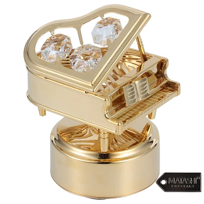 Matashi   24K Gold Plated Wind Up Music Box with Crystal Studded Grand Piano Figurine