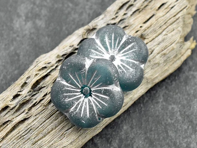 *2* 21mm Silver Washed Etched Teal Blue Hibiscus Flower Beads