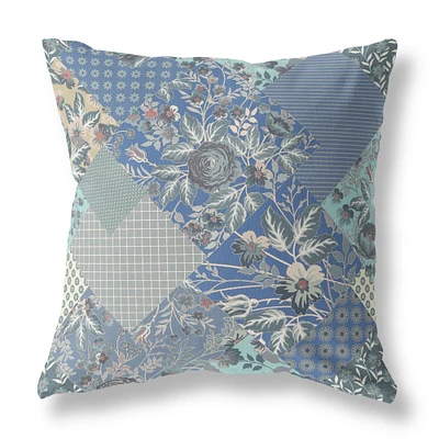 20" Gray Blue Boho Floral Indoor Outdoor Throw Pillow