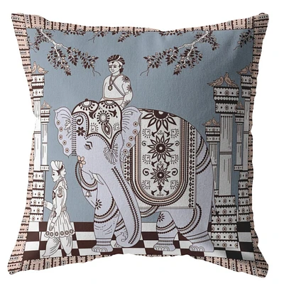 26 Blue Brown Ornate Elephant Indoor Outdoor Throw Pillow