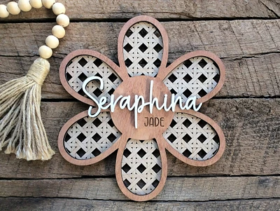 Daisy Name Sign, Personalized Birth Announcement, Boho Nursery Decor, Floral Rattan Baby Girl Sign
