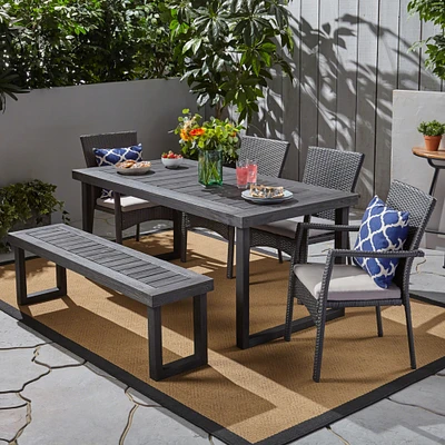 GDF Studio Odelette Isabel Outdoor 6-Seater Aluminum Dining Set with Wicker Chairs and Bench