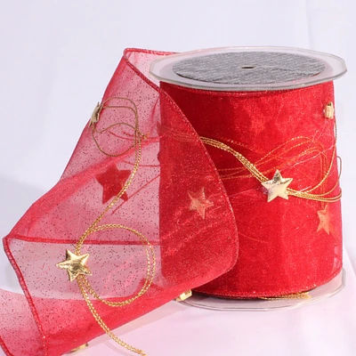 The Ribbon People Sheer Shimmering Red and Gold Galaxies Wired Craft Ribbon 5" x 11 Yards