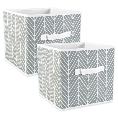 Contemporary Home Living Set of 2 Gray and White Nonwoven Polyester Cube Storage Bin with Herringbone Design 13"