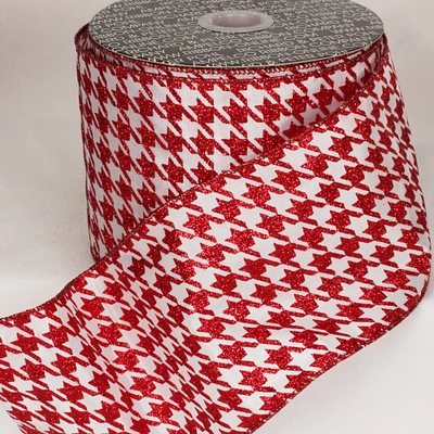 The Ribbon People Sparkling Red and White Hounds tooth design Wired Craft Ribbon 4" x 20 Yards