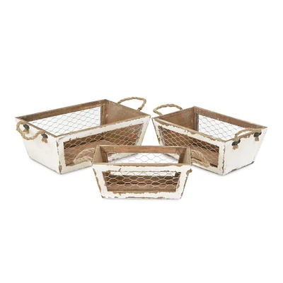 Contemporary Home Living Set of 3 Distressed Taper Storage Baskets with Wire Panels 12.5"