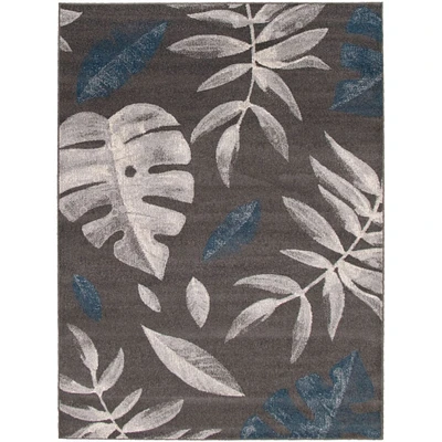 Chaudhary Living 7.75' x 10' Gray and Off White Botanical Pattern Rectangular Area Throw Rug