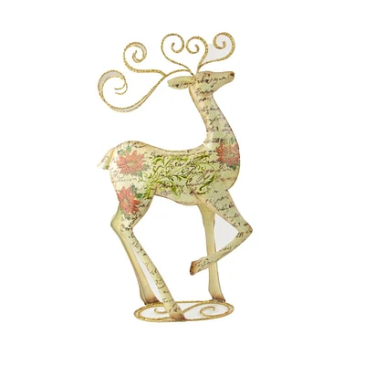 Gallerie II 17" Decorative Vintage Postcard Poinsettia Gold Giltter Reindeer Christmas Table Top Decoration
