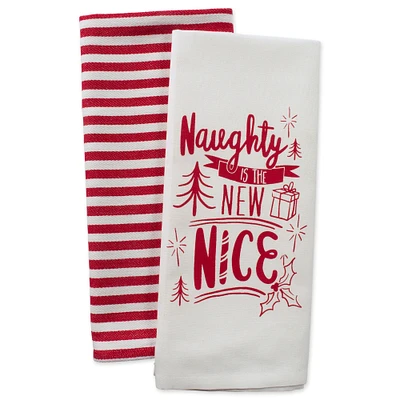 Contemporary Home Living Set of 2 Red and White "Naughty is the New Nice" Christmas Dishtowels 28"