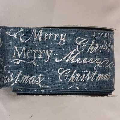 The Ribbon People Blue and Silver Merry Christmas Scripted Wired Craft Ribbon 3 x 20 yards