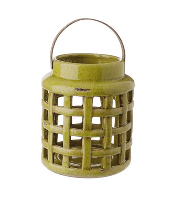 Raz 8.25" Tea Garden Caladium Leaf Green Glazed Terracotta Crackled Decorative Pillar Candle Lantern