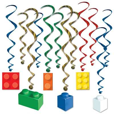 Party Central Club Pack of 12 Vibrantly Colored Building Block Whirls Hanging Decors 32"