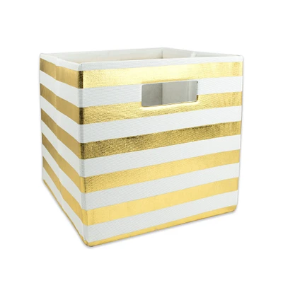 Contemporary Home Living Gold Polyester Cube Storage Bin with Striped Design 11"