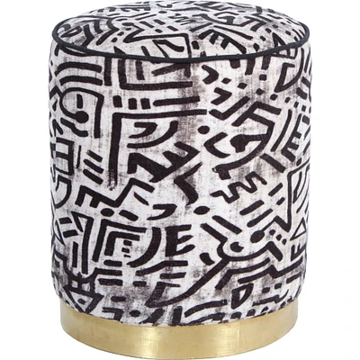 Signature Home Collection 18" White and Black African-Inspired Abstract Printed Artwork Round Stool