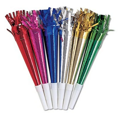 Party Central Pack of 96 Vibrant Metallic Colored Party Noisemaker Horns with Fringe 8.25"