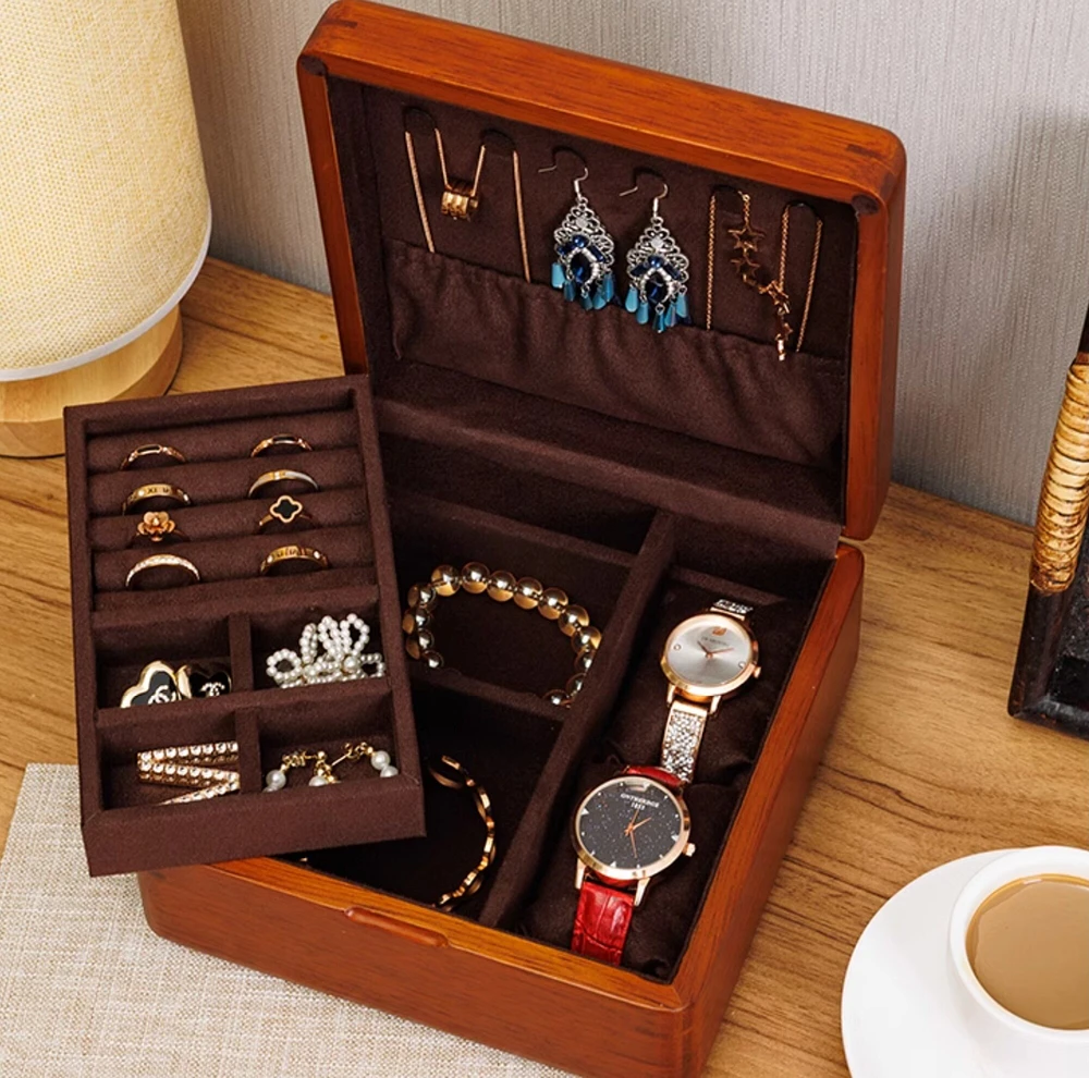 Exquisite solid Wood Jewelry Box, Double Interior Jewelry Box, Watch Ring Earring Bracelet Necklace Storage Box