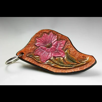 Leather Keychain, Hand Tooled Leather, Purple Floral, Green Foliage, Purse Accessory, Zipper Pull, Adornment, Decoration