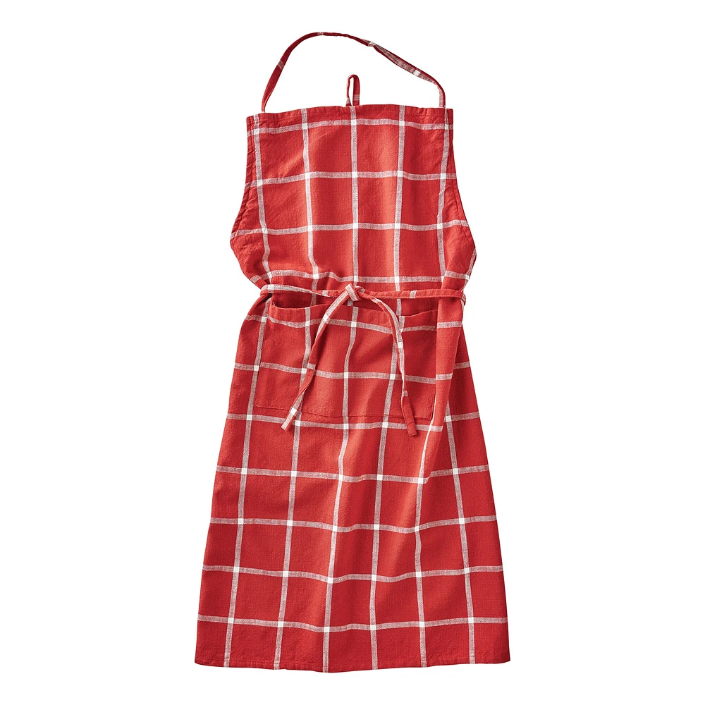 Classic Check Slub Bib Apron with Large Pocket and Waist Tie Red, One Size Fits Most, Machine Wash