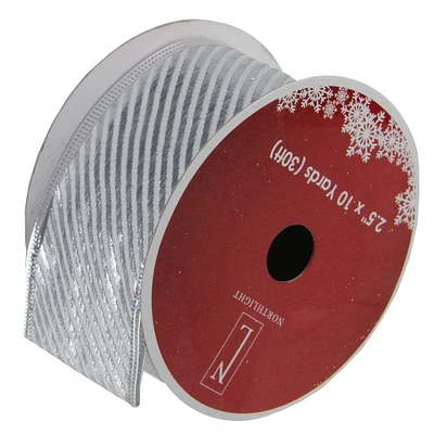 Northlight Shiny Silver Diagonal Striped Wired Christmas Craft Ribbon 2.5" x 10 Yards