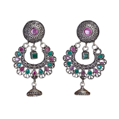 Indian Ethnic Chandelier Jhumkas Earrings In Bohemian Style - Tribal Gipsy Drop Long Oxidized Earrings Gift For Her