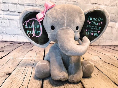 Plush elephant birth announcement personalized baby Stuffed animal birth stats plush baby gift newborn, keepsake, new mom