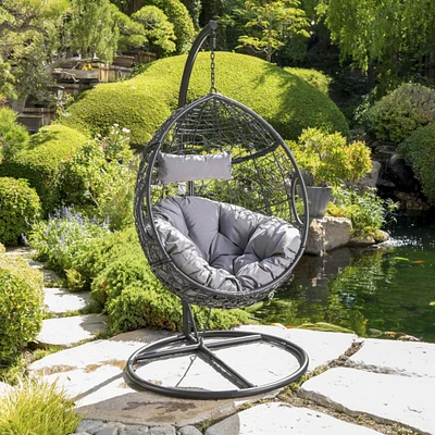 GDFStudio Kyle Outdoor Wicker Hanging Basket Chair with Water Resistant Cushions and Base