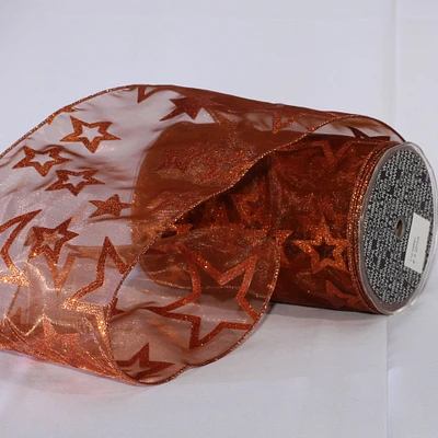 The Ribbon People Sheer Shimmering Copper Brown Stars Wired Craft Ribbon 6" x 20 Yards