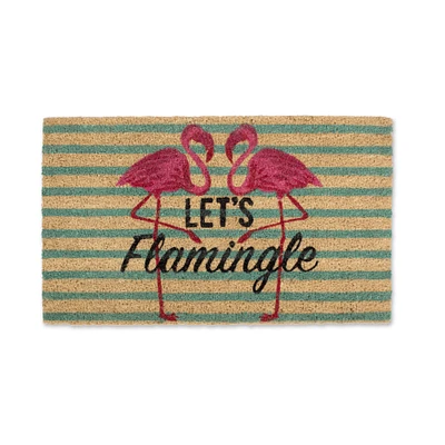 Contemporary Home Living 18" X 30" Beige and Teal Green Durable and Non-Slip Stripe Doormat with "Lets Flamingle" Design