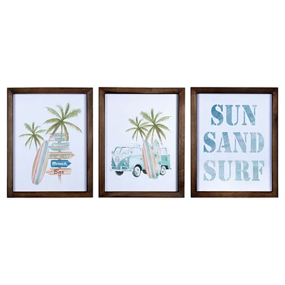 Contemporary Home Living Set of 3 Blue and Green Coastal Sun Sand Surf Framed Wall Art 14"