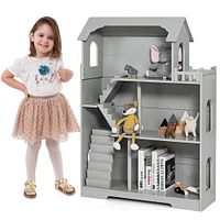 Gymax 3-Tier Wooden Dollhouse Bookcase Childrens Bookshelf in Kids Room Gift for 3+ Grey