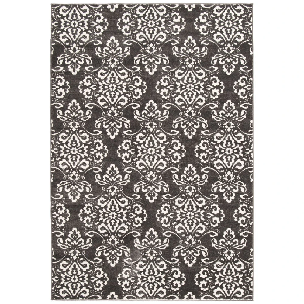 Chaudhary Living 4' x 5.5' Gray and White Damask Rectangular Area Throw Rug