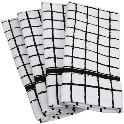 CC Home Furnishings Set of 4 Black and White Windowpane Checkered Terry Dishtowels 15" x 26”