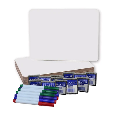 Dry Erase Boards (9" x 12") with Colored Pens & Erasers, Set of 12