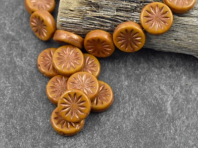 *15* 12mm Copper Washed Opaque Orange Mustard  Aster Flower Coin Beads