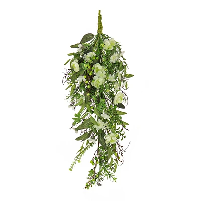 National Tree Company Artificial Spring Teardrop Hanging Decoration, Vine Stem Base, Decorated with Flower Blooms, Berries, Leafy Greens, Spring Collection, 28 Inches