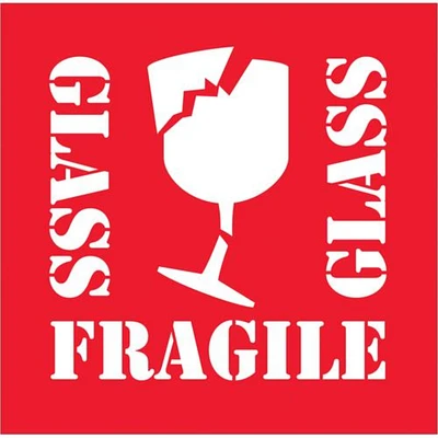 Tape Logic Labels, "Fragile - Glass", 4" x 4", Red/White, 500/Roll