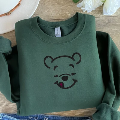 Embroidered Pooh Sweatshirt Fun Sweater Gift Comfy Mother's Day Pullover Present Unisex Hoodie Custom Crewneck