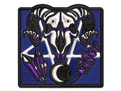 Wiccan Witch Circle Pentagram with Ram Skull Crystal Multi-Color Embroidered Iron-On Patch Applique