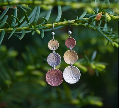 mixed metal earrings, copper silver brass dangles,