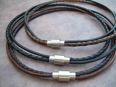 Double Strand Leather Necklace with Matted Stainless Steel Magnetic Clasp