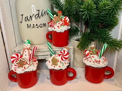 Cute Faux Whipped Cream Mini Red Ceramic Mugs Coffee or Cocoa - Gingerbread or Snowman Christmas Ornaments