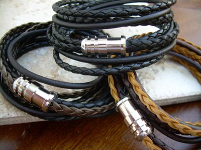 Multi Strand Leather Bracelet, Thick Braided Leather Bracelet, Magnetic Clasp Bracelet, Stainless Steel and Leather Bracelet