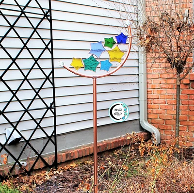 Stained Glass Star Crescent Garden Stake. Copper garden decoration. Yellow, Blues and Greens.