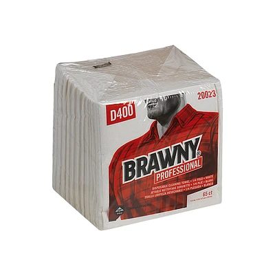 Brawny Professional D400 Disposable Cleaning Towel, ¼-Fold, White, 65 Wipers/Pack, 18 Packs/Case, Towel (WxL) 13" x 12.5"