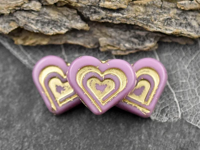 *6* 14x16mm Bronze Washed Pink Heart Beads