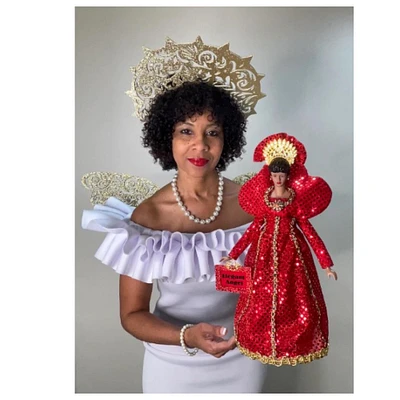 Elegant Christmas Tree Topper, African American Red and Gold Angel Figurine, Holiday Red